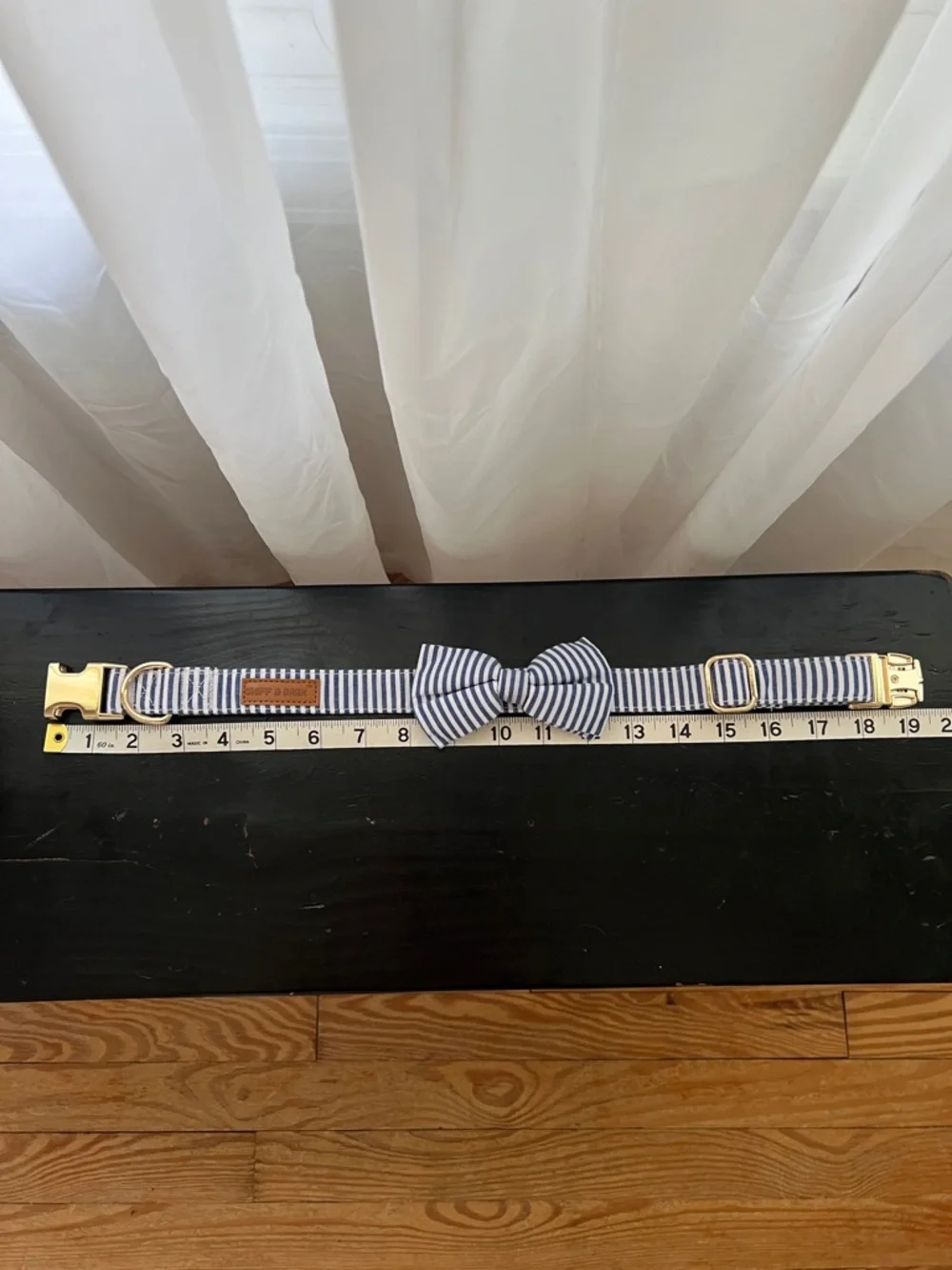 Sniff & Bark leash, collar and dapper tie set in blue stripe